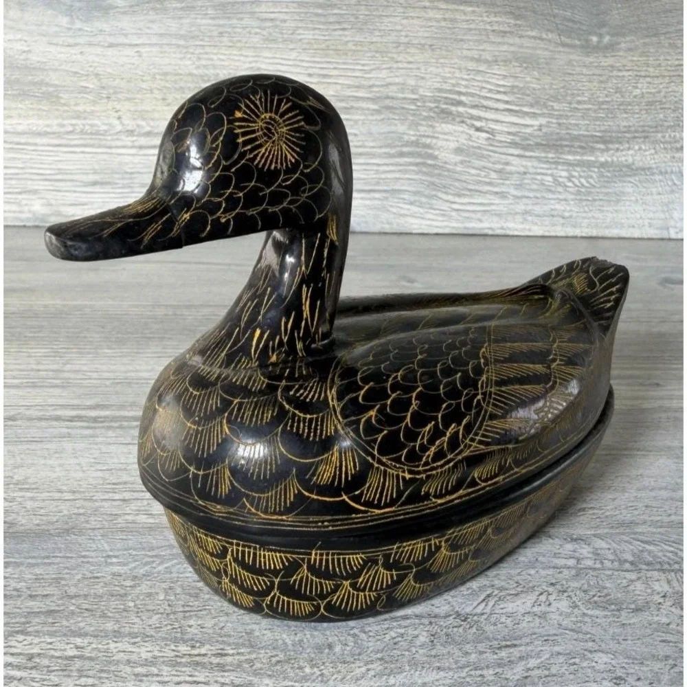 Vtg Duck Etched Lacquerware Trinket Box Container Hand Painted Thailand 5